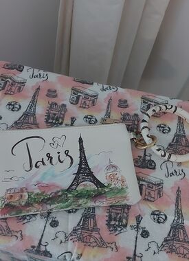 Paris Print Wristlet in White with Pink Accents